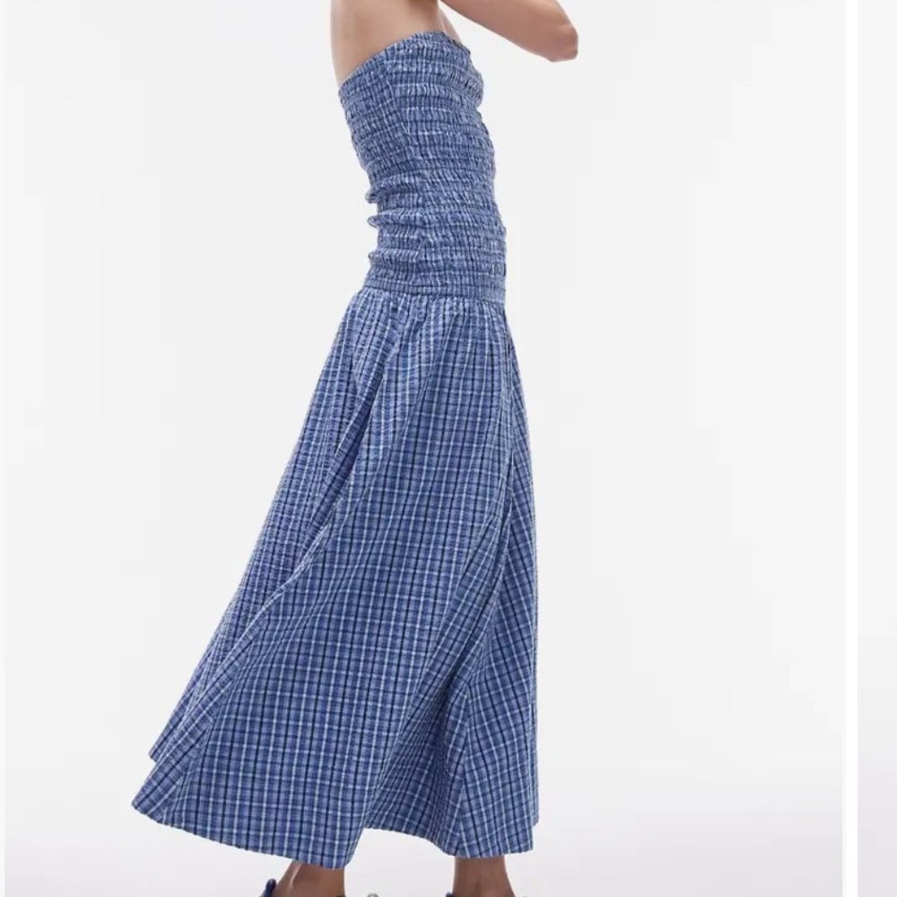 Topshop Plaid Smocked Strapless Cotton Maxi Dress drop waist